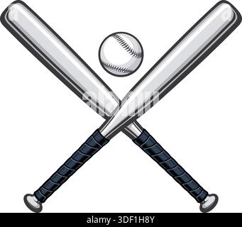 simple classic 2 twin crossed metal aluminum baseball softball bats with grips and ball grayscale gray sports logo vector isolated on transparent back Stock Vector