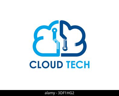 Cloud technology icon. Vector blue, futuristic and digital emblem with circuit connections emerging from the base, representing cloud computing and technology, symbolizing innovation in cloud services Stock Vector