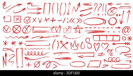 Hand drawn doodle red crayon pencil lines, chalk and brush stroke vector elements. Arrows, abstract shapes and scribbles, check mark, star, emphasis and underline, heart, crown red crayon sketches Stock Vector