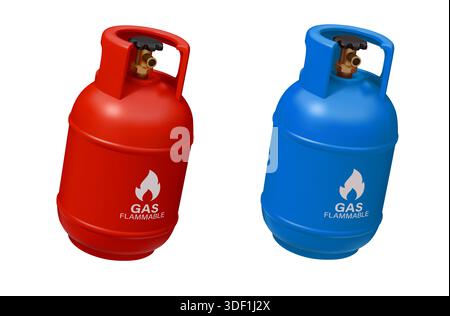 3D gas cylinders with flammable warning signs of liquid gas or LPG, vector containers. Realistic gas cylinders in red and blue color with valves for oxygen, propane, or butane, and nitrogen gas Stock Vector