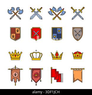 Color heraldry line icons of vector crowns, shields, flags and weapon. Vintage medieval royal coat of arms shields with crossed arrows and swords, heraldic pennants and axes. Knight heraldry line icon Stock Vector