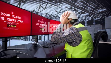 Shocked Engineer Faces Cyber Breach In Computer Assembly Industry Upset Unhappy Worker Learns About Ransomware Attack Stock Photo