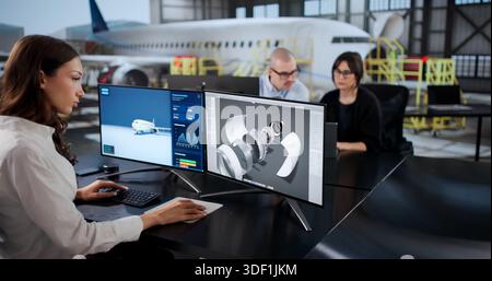 Aircraft Engineers Perform Technical Maintenance Check On Screen With Diverse Group. Stock Photo