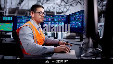 Efficient Engineer Operating SCADA System In Industrial Power Plant. Stock Photo