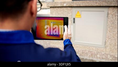 Electrical Engineer Detecting Overheating Using Thermal Camera Thermography For Safety Stock Photo