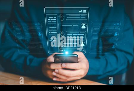 Hands holding a smartphone with a futuristic Gen AI or Chatbot interface displayed in holographic form. Concept of artificial intelligence and digital Stock Photo