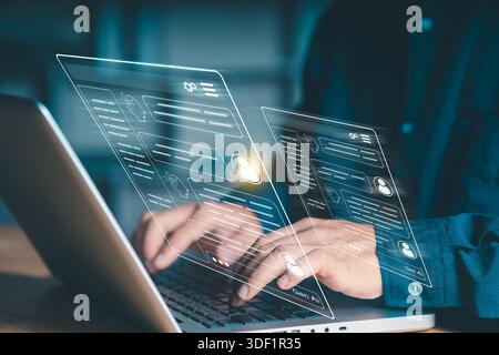 Generative AI chat interface concept. Close-up of hands typing on a laptop with virtual screens displaying user profiles and artificial intelligence c Stock Photo
