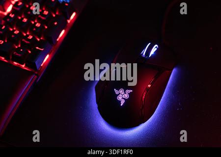 Rome, italy 1 january 2026: gaming mouse with vibrant rgb glow beside a mechanical keyboard on a dark desk, highlighting esports gear, precision and f Stock Photo