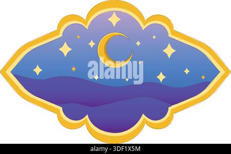Peaceful dusk sky adorned with subtle glowing stars and golden frame Stock Vector
