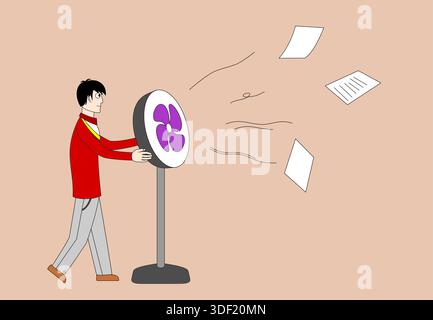 A man is holding a fan and blowing papers. Concept of chaos and disorganization, as the papers are scattered in all directions. The man's actions sugg Stock Vector