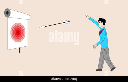 A man is walking towards a target with a red circle on it. He is holding a bow and arrow and is about to shoot it at the target Stock Vector