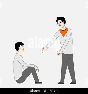 Two men are standing and one is giving the other a hug. The man on the left is sitting down Stock Vector