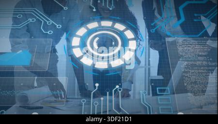 Leaning, three-person team in businesswear studying holographic HUD at conference table, plans code Stock Photo