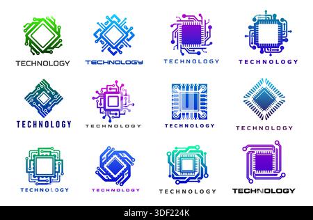 Computer chip icons, artificial intelligence technology symbols. Vector electronic circuit, microchip or AI computer motherboard circuit board isolated icons set with abstract gradient color pattern Stock Vector