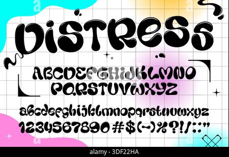 Liquid bubble font, funky wavy type, y2k letters typeface, groovy English alphabet. Vector bold and distorted black bubble style script includes uppercase, lowercase characters, numbers and symbols Stock Vector