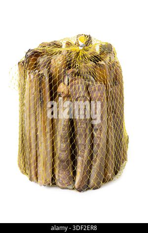 Fresh raw razor clams in mesh net isolated on white background Stock Photo