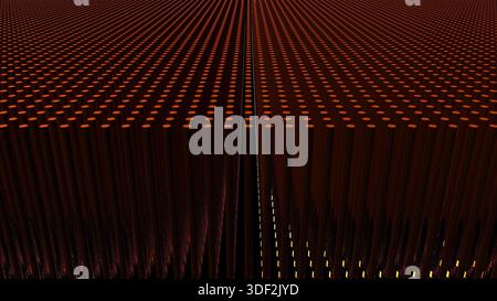 Abstract image formed by vertical and parallel extruded cylinders of metallic gold color with a black background and illuminated with orange light Stock Photo