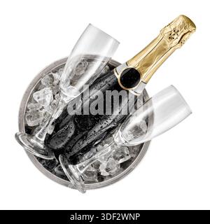 Bottle with two glasses rests on top of champagne buckets with ice isolated on white background. File contains clipping path Stock Photo