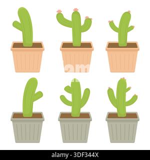 Cute cactus set in pots. Collection of green cactus illustrations in square flower pots, flat style. Vector illustration for home decor graphics, gard Stock Vector