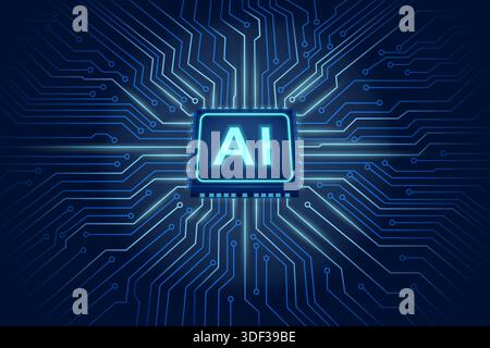 Stylized digital illustration of an AI microchip centered in a glowing blue circuit network. Radiating lines resemble electronic pathways, symbolizing Stock Vector