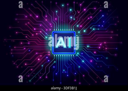Stylized digital image of a glowing AI microchip at the center of vibrant neon circuit lines. Radiating cyan, pink, and purple pathways symbolize arti Stock Vector