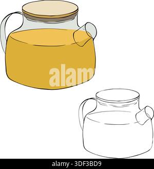 Teapot , kettle, tea kettle Isolated illustration. Vector graphic line ink colored art. For organic product packaging, culinary branding, herbal label Stock Vector