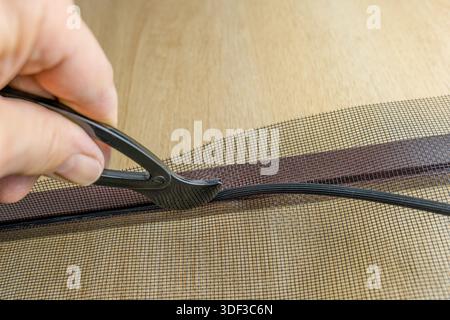 Installing the net into the window aluminium frame or door Stock Photo