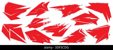 Red Abstract Sharp Brush Shape Collection. Grunge Geometric Elements on White Background. Abstract Arrow Illustrations with Energy and Sport Concept Stock Vector