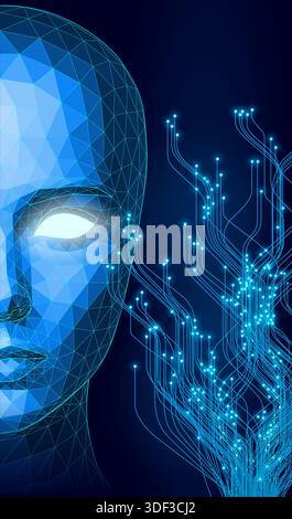 Digital face in polygon mesh with glowing eyes and branching neural circuits. w Stock Vector