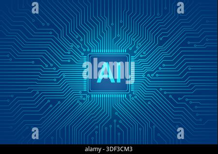 Stylized digital image of an AI microchip surrounded by glowing circuit lines. Stock Vector