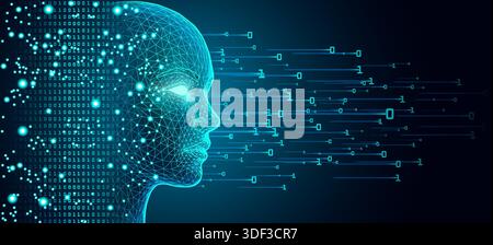 Digital head in profile formed by glowing lines and nodes, surrounded by binary code streams. Stock Vector