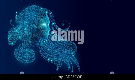 Stylized female face in profile formed by glowing triangular mesh and luminous nodes. Stock Vector