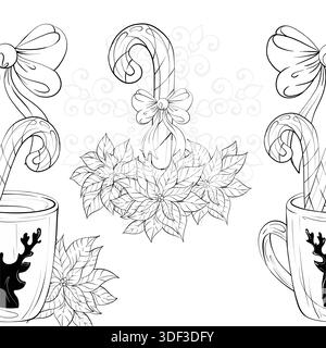 Arrangement of Candy Cane Mugs With Leaves and Bows in Seamless Pattern Style for Festive Background and Border Decor During Holiday Celebrations Stock Vector