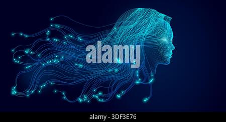 Digital profile face built from glowing blue lines and nodes, evoking artificial intelligence, neural networks, and data connectivity. Stock Vector