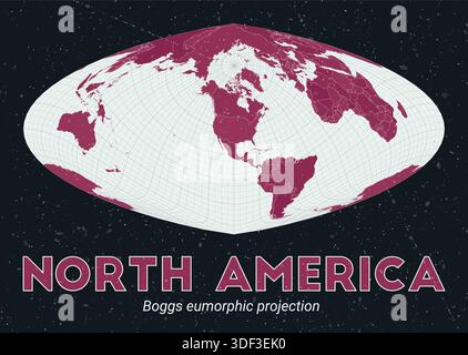 North America. World map. Boggs eumorphic projection centered on North America. Pale mint and dark pink palette. Vintage texture. Stock Vector