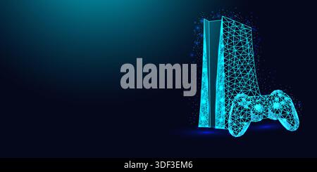 Low poly wireframe game console and controller on dark blue background. Stock Vector