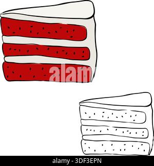 Red velvet cake Isolated hand drawn illustration. Vector graphic line ink colored art. Banner, poster, wrapping paper, sticker, print, modern textile Stock Vector