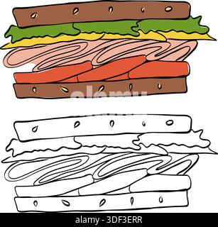 A delicious and classic multi-layered club sandwich with ham, cheese, lettuce, and tomato, served on toasted bread. Isolated hand drawn illustration. Stock Vector