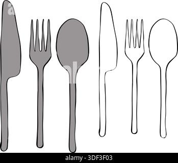 Fork, knife, and spoon, Isolated hand drawn illustration. Vector graphic line ink colored art. Represents cutlery, dining, and food service with clean Stock Vector