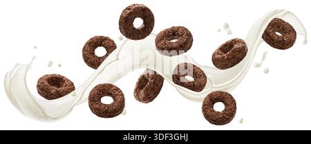 Falling chocolate corn rings with milk splash isolated on white background with clipping path Stock Photo