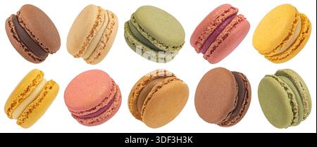 Colorful assorted macarons cookies mix isolated on white background, full depth of field Stock Photo