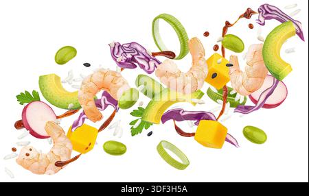 Falling shrimp poke, traditional Hawaiian raw fish salad with teriyaki sauce isolated on white background with clipping path Stock Photo
