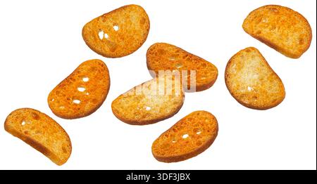 Spicy bruschetta crackers, round bread croutons isolated on white background, full depth of field Stock Photo
