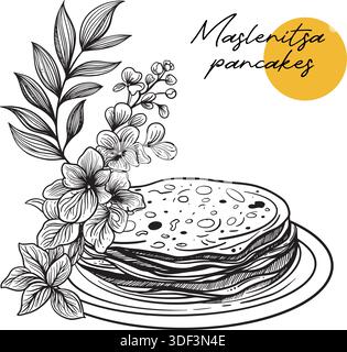 Thin russian pancakes or blini on plate with flowers. Line art sketch hand drawn illustration. Maslenitsa festive concept. French crepes. Stock Vector