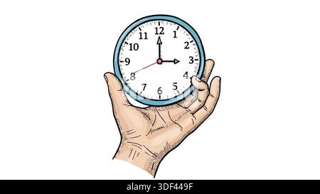 A hand-drawn illustration of a human hand holding a classic round analog clock, representing time management concepts. Stock Vector