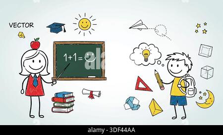 Hand drawn stick figure illustration of a female teacher at a chalkboard and a male student with a backpack and school supplies, education vector Stock Vector