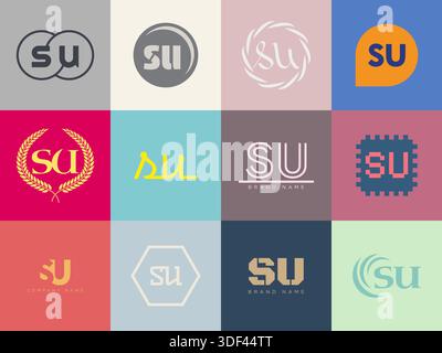 SU logo company template. Letter s and u logotype. Set different classic serif lettering and modern bold text with design elements. Initial font typog Stock Vector