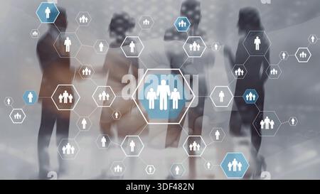 Businessman interacting with digital social network icons and hologram projection. Stock Photo