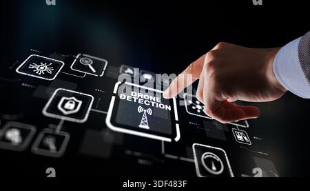 Advanced drone detection system using radar technology and aerial surveillance for security. Stock Photo