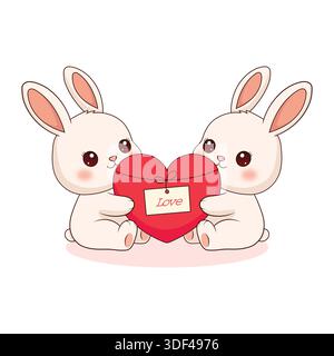 Two Cute Kawaii Bunnies Holding a Red Heart with Love Tag for Valentine's Day Design Stock Vector